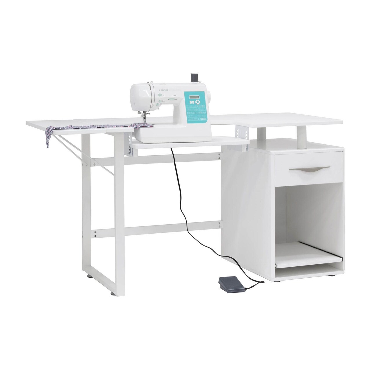Pro Line Sewing Machine Table, Office Desk with Fold-Down Top, Height Adjustable Platform, Drawer and Storage Cabinet with Slide-Out Shelf - White